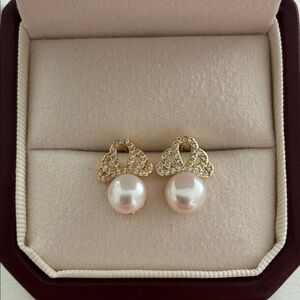 Gold Pearl Stud Earrings | Sparkling Crystal Accent | Christmas Gift for Her